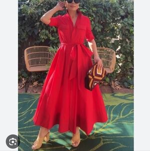 Zara Red Midi Shirt Dress with Waist Tie
